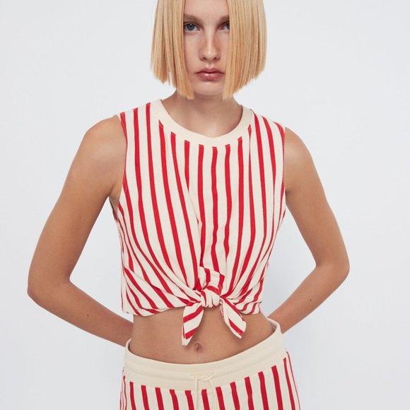 NWT ZARA Women M CROP TOP WITH KNOT Sleeveless Red Cream Stripe Stretch - Picture 1 of 7